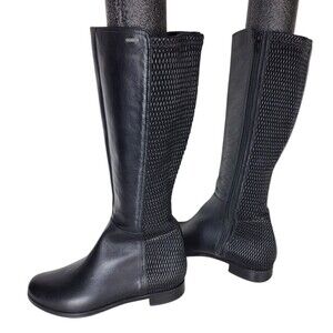 Hogl Black Leather Woven Mesh Stretch Knee-High Riding Boots H038 Goretex 7/8 US